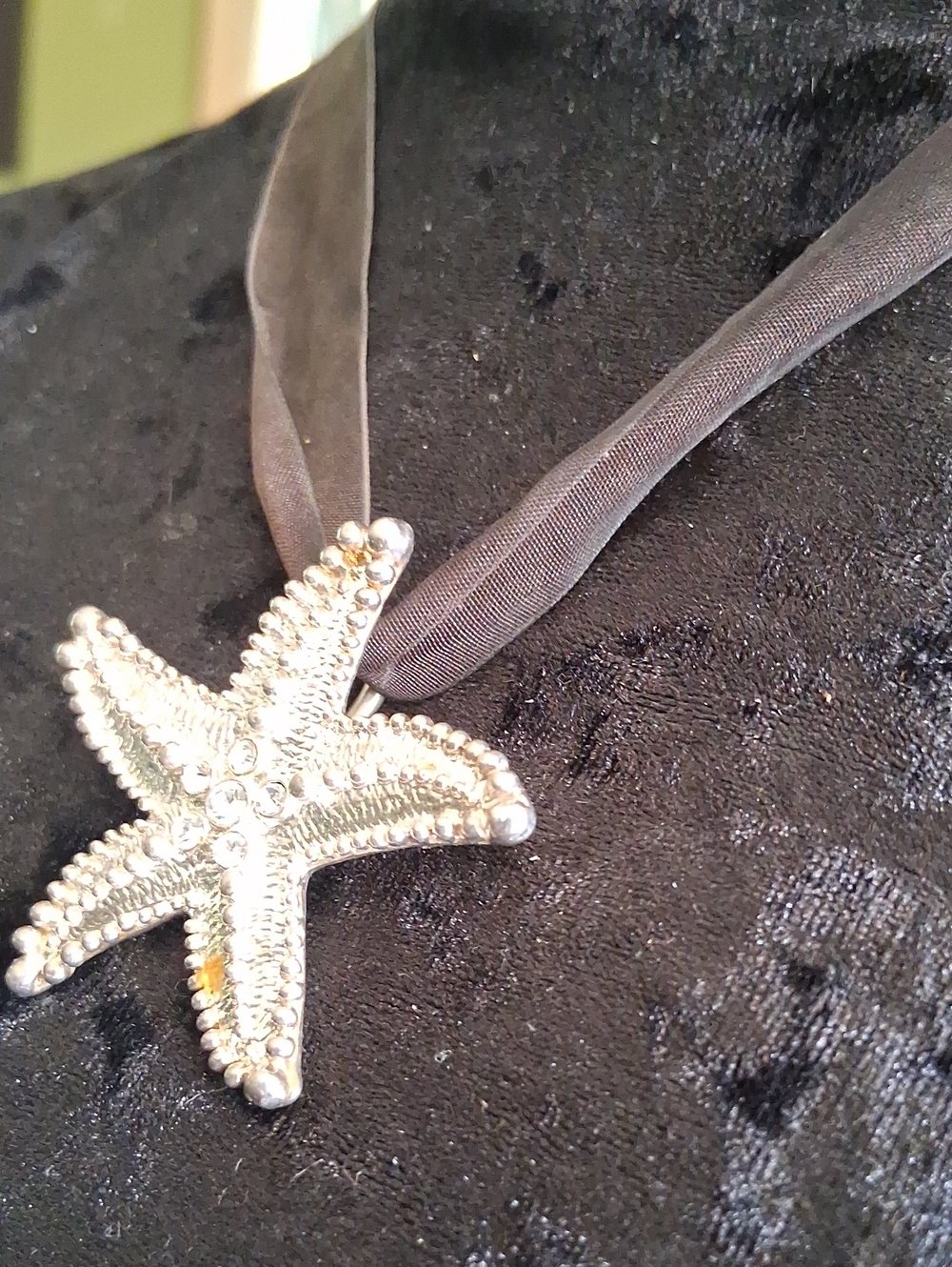 Silver Starfish Pendant on Black Sheer Ribbon Necklace